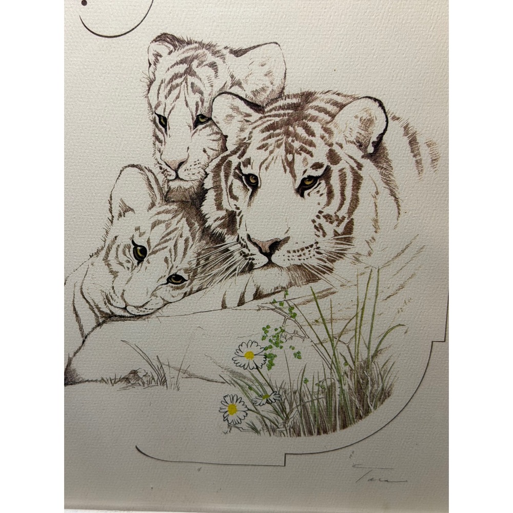 Vintage Tara Signed Wildlife Art Prints Set 2 Tiger Elephant Framed 11x13 Green - Picture 2 of 16